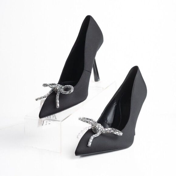 Zara Womens Rhinestone Bow Pointed Heels Pumps Black US 10 EU 41 NWT 2247/010 - Picture 1 of 8